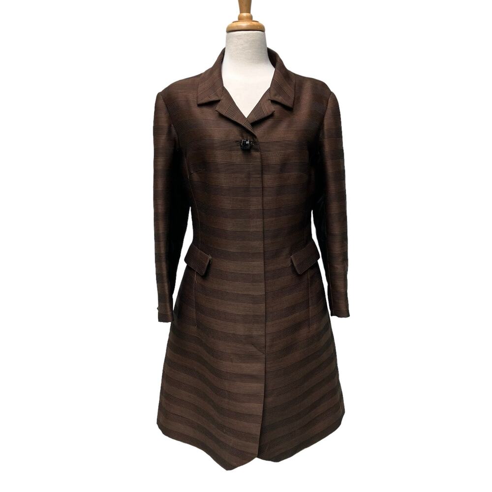 VTG 60’s Dress Coat Moe Nathan Sz S/M Brown Striped Zip Midi Long Sleeve Classic